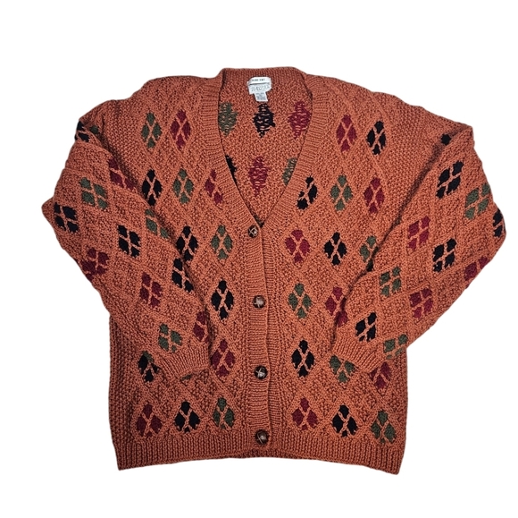 Vintage Baszio‎ Rust Handknit Argyle 1/2 Button Grandpa Cardigan Size Large I76 - Picture 1 of 11